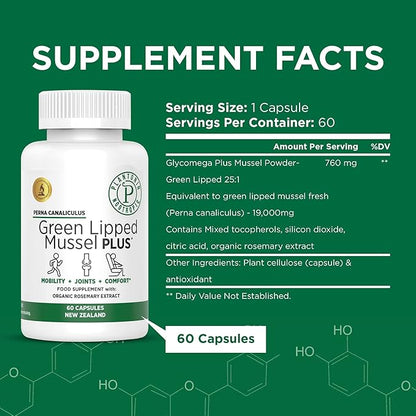 New Zealand - Green Lipped Mussel for Humans - 19,000mg Serving - Dried Freeze Perna Canaliculus with Omega 3 - Support Joint Mobility & Circulation - Non GMO & Gluten – 60 Capsules