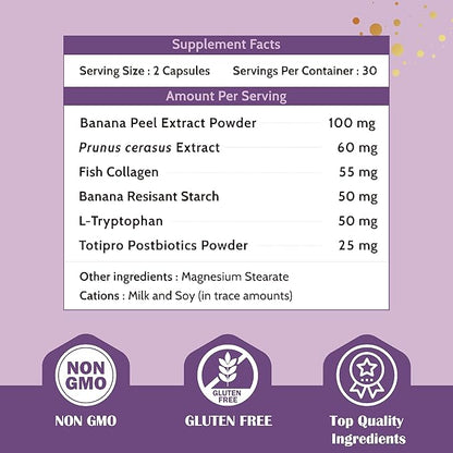 Natural Sleep & Mood Support for Adults | Melatonin-Free Calming Aid with Postbiotics, Tart Cherry & Collagen | Gut & Skin Health Supplement | 60 Capsules