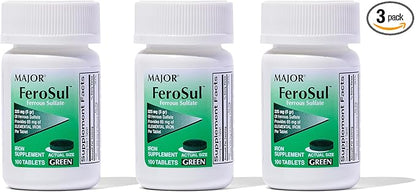 Major Ferosul - Ferrous Sulfate 325mg Tablets with 65mg of Elemental Iron - Iron Supplement for Women, Men - Green - 100 Tablets (3 Pack)