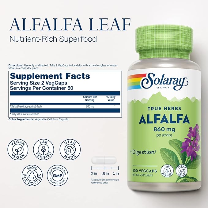 SOLARAY Alfalfa Leaf 860 mg, Alfalfa Capsules, Superfood with Naturally Occurring Vitamins, Minerals, and Fiber, Healthy Digestion Support, Vegan, 60-Day Guarantee, 50 Servings, 100 VegCaps