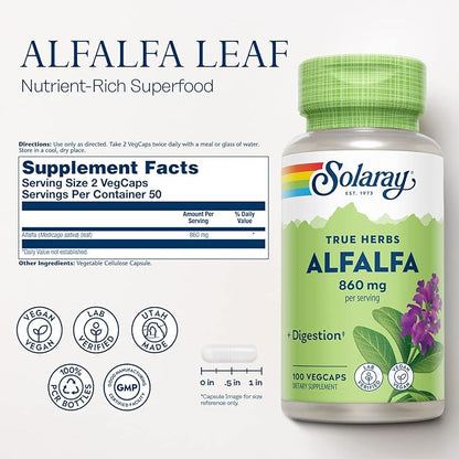 SOLARAY Alfalfa Leaf 860 mg, Alfalfa Capsules, Superfood with Naturally Occurring Vitamins, Minerals, and Fiber, Healthy Digestion Support, Vegan, 60-Day Guarantee, 50 Servings, 100 VegCaps