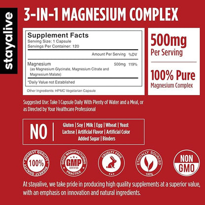 STAY ALIVE Triple Magnesium Complex Supplement 500mg, Chelated Glycinate, Citrate & Malate Powder, High Absorption Magnesium for Women and Men, 120 Pills, Non-GMO & Gluten-Free Capsules