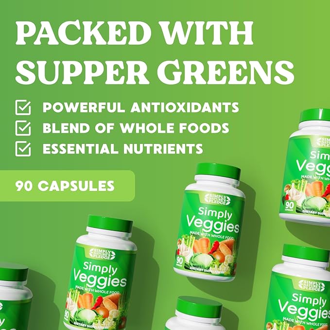 Simply Nature's Pledge - 90 Veggie Capsules- 2 Month Supply - Made with Whole Food Superfoods, Packed with Beta Carotene & 18 Different Vegetables - 100% Soy Free