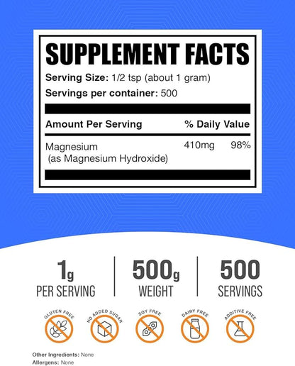 BulkSupplements.com Magnesium Hydroxide Powder - Magnesium Supplement, Food Grade Magnesium Hydroxide, Magnesium Hydroxide Supplement - 1000mg (410mg of Magnesium) per Serving, 500g (1.1 lbs)