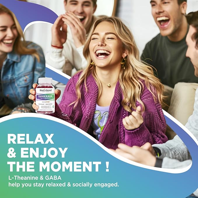 Chewable Kava Kava Gummies, Kava Kava Root Extract with Ashwagandha & L-Theanine, Kava Supplement for Women & Men, 7-in-1 Herbal Blend for Stress Relief & Relaxation, Sugar-Free, Vegan, 60 Ct