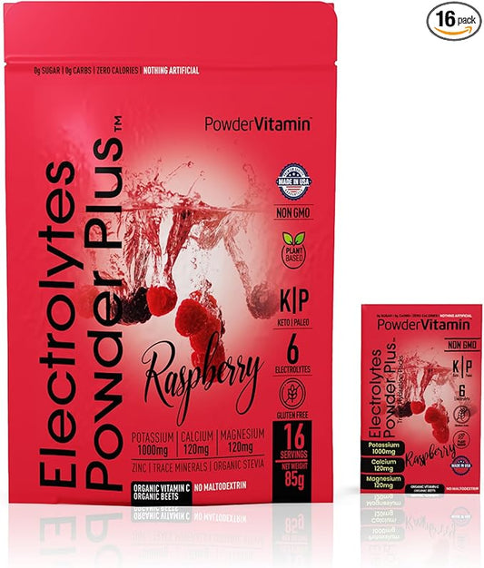 Electrolytes Powder Plus, Keto, Raspberry, Sugar Free, Pink Himalayan Salt, 1000mg Potassium, 120mg Calcium, 120mg Magnesium, Non-GMO, Zero Calories, (16 Hydration Packets)