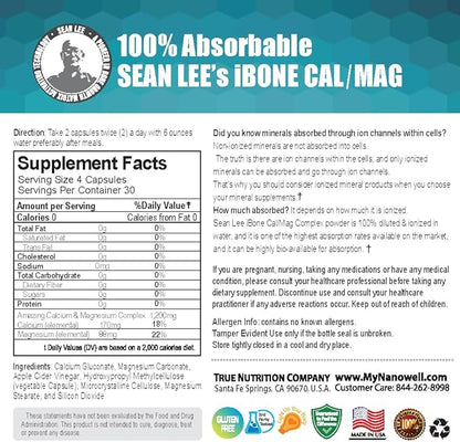 Sean Lee's iBone Cal Mag - Bone Health, Calcium & Magnesium Supplement - 120 Vegetable Capsules, 30 Day Supply