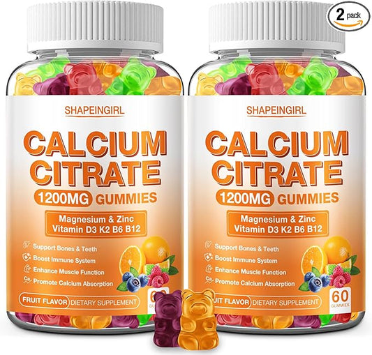 1200mg Calcium Citrate with Vitamin D3, K2, B6 & B12, Calcium Supplements for Women & Men, Plus Magnesium Zinc for Bones, Muscle & Immune Support, High Absorption Fruit Flavor 120 Calcium Gummies