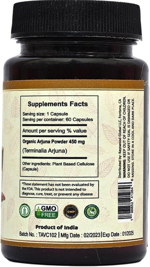 Arjuna Capsules 60 Count | Pure Terminalia Arjuna | Made with Organic Arjuna Powder | Arjuna Herbal Supplement | Ayurvedic Nutrition