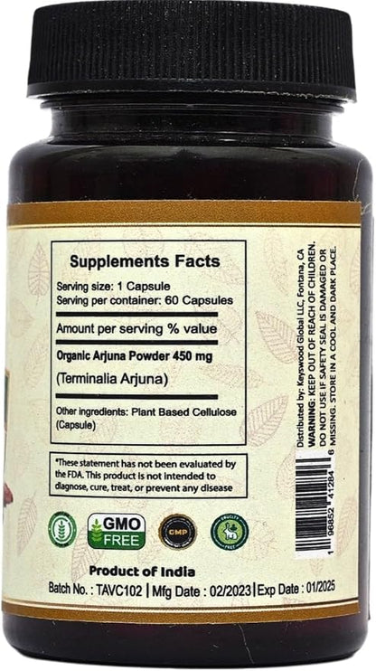 Arjuna Capsules 60 Count | Pure Terminalia Arjuna | Made with Organic Arjuna Powder | Arjuna Herbal Supplement | Ayurvedic Nutrition