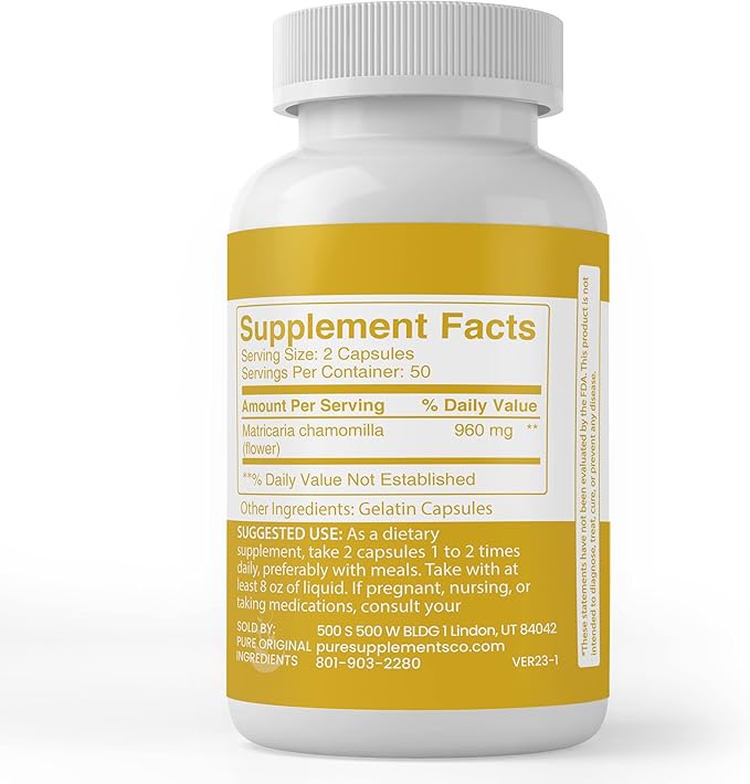 Pure Original Ingredients Chamomile Extract, (100 Capsules) Always Pure, No Additives Or Fillers, Lab Verified