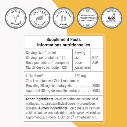 SuperSmart - L-OptiZinc 30mg per Day (Patented & Highly Bioavailable) - Zinc Methionine Supplement - Natural Sweet Taste | Non-GMO & Gluten Free - 120 Tablets