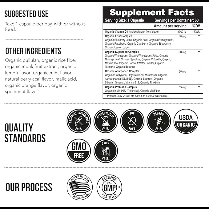 Organic Vitamin D3 5,000 IU - 100% Whole Food & Plant-Based Cholecalciferol Form, 100% Vegan Vitamin D - Enhanced with Prebiotic & Superfood Complex – Organic, Vegan, GMO & Gluten Free (60 Capsules)