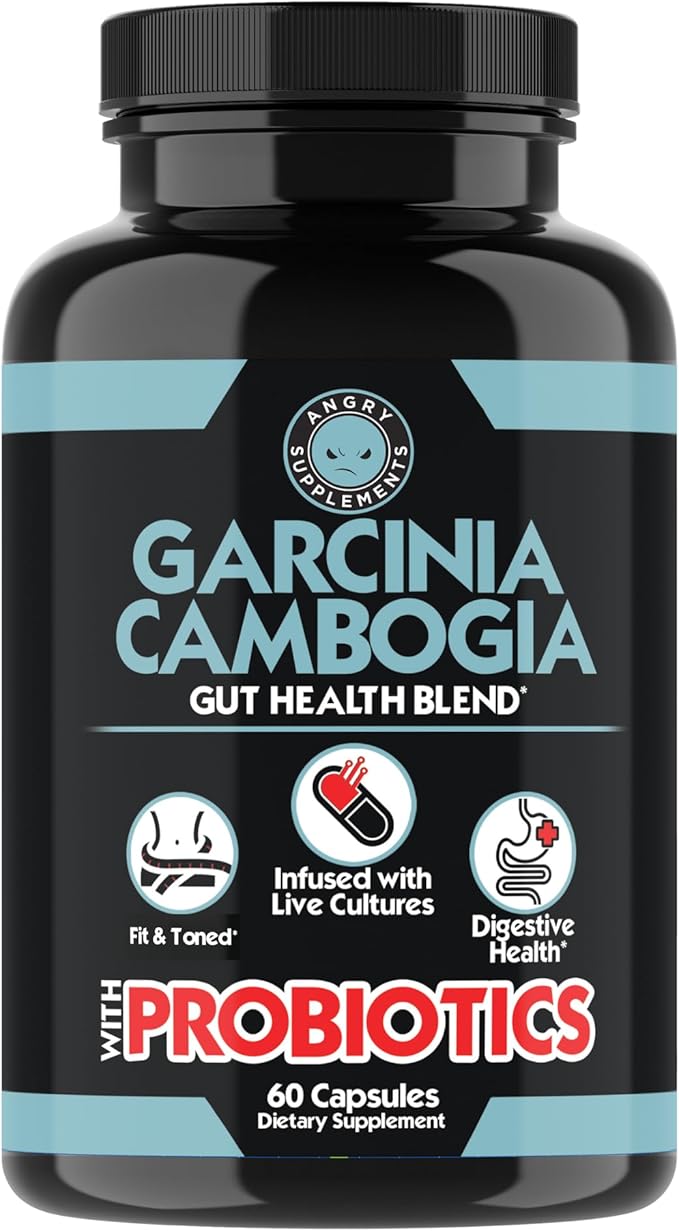 Angry Supplements Garcinia Cambogia with Probiotics, Gut Health Multivitamin w. Vitamins A, C, D, E, K, B2, Zinc, Selenium, Copper, Chromium + Herbal Blend Capsules (1-Bottle, 60ct)