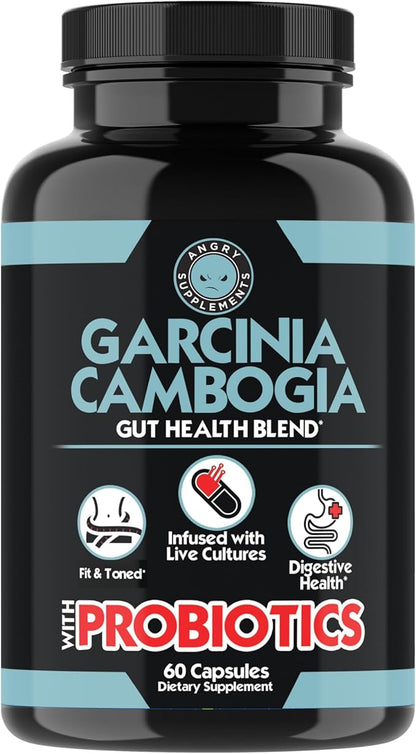 Angry Supplements Garcinia Cambogia with Probiotics, Gut Health Multivitamin w. Vitamins A, C, D, E, K, B2, Zinc, Selenium, Copper, Chromium + Herbal Blend Capsules (1-Bottle, 60ct)