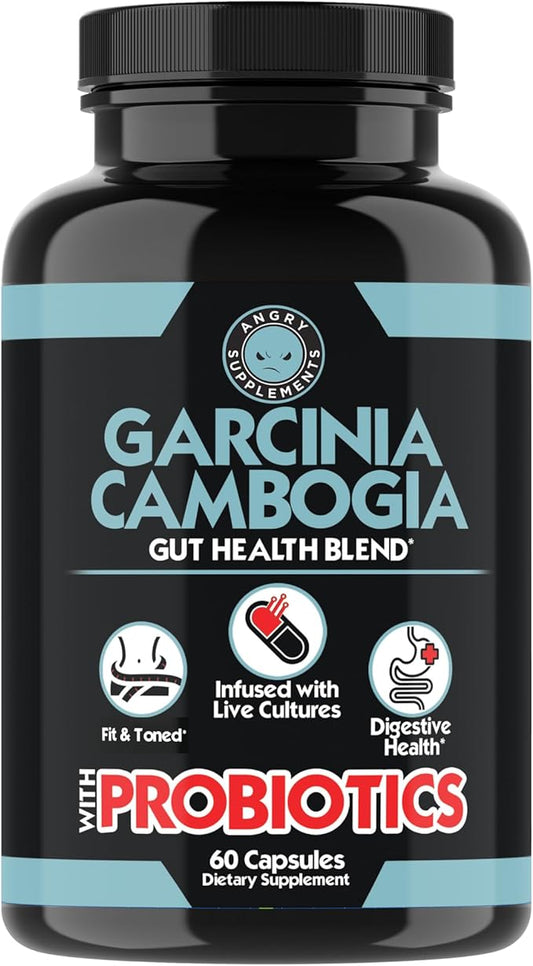 Angry Supplements Garcinia Cambogia with Probiotics, Gut Health Multivitamin w. Vitamins A, C, D, E, K, B2, Zinc, Selenium, Copper, Chromium + Herbal Blend Capsules (1-Bottle, 60ct)