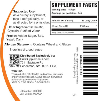 BulkSupplements.com Wheat Germ Oil Softgels - Wheat Germ Oil Supplement, Wheat Germ Oil 1130mg - Nutritional Supplement & Soy Free, 1 Softgel per Serving, 240 Softgels (Pack of 1)