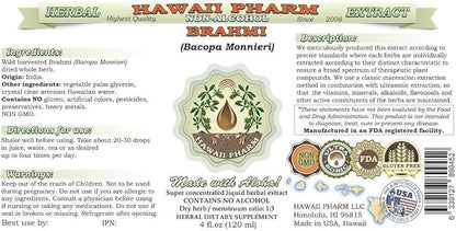 Brahmi Alcohol-Free Liquid Extract, Organic Brahmi Liquid (Bacopa Monnieri) Whole Herb Dried Glycerite Hawaii Pharm Natural Herbal Supplement 4 oz