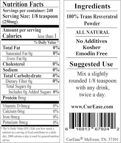 100% Pure Trans Resveratrol Powder 240 Servings 2.1 oz (60 Grams) 250mg Per Servings