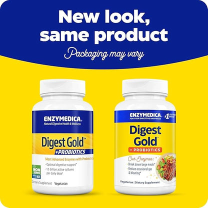 Enzymedica Digest Gold + Probiotics, 2-in-1 Formula for Gut Health, Digestive Enzymes & 1.5 Billion Active Probiotic Cultures, 90 Count