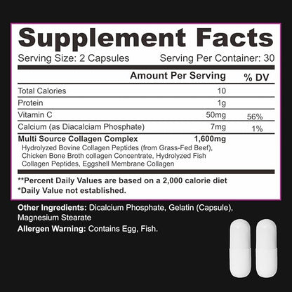 Multi Collagen Capsules with Vitamin C & Hyaluronic Acid - Types I, II, III, V & X - 60 Capsules
