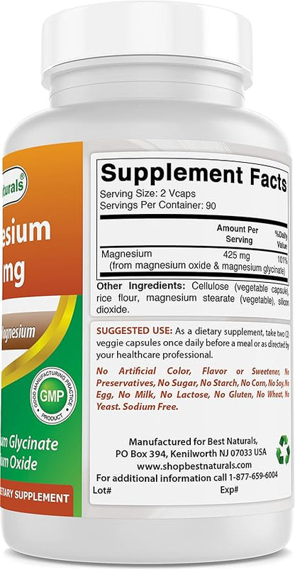 Best Naturals Magnesium 425 mg 180 Veggie Capsules - High Absorption Magnesium Glycinate & Magnesium Oxide Chelated, Non-GMO, Gluten Free Muscle Relax (180 Count (Pack of 2))