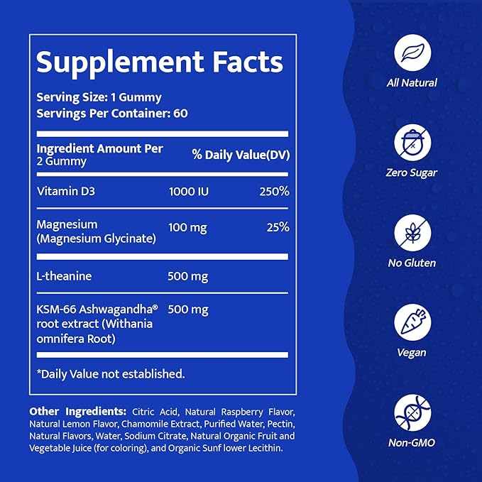 Magnesium Glycinate Gummies for Adults 100mg, Supplement with Magnesium Glycinate, Ashwagandha, L Theanine, Supercalming Gummies for Relax & Sleep, 60 Gummies