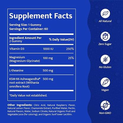 Magnesium Glycinate Gummies for Adults 100mg, Supplement with Magnesium Glycinate, Ashwagandha, L Theanine, Supercalming Gummies for Relax & Sleep, 60 Gummies