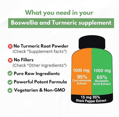 Turmeric Boswellia Extract Supplement 2000 mg – Extra Strength Boswellia Serrata with Turmeric Curcumin - 95% Curcuminoids and 65% Boswellic Acid - Standardized High Potency - Made in USA