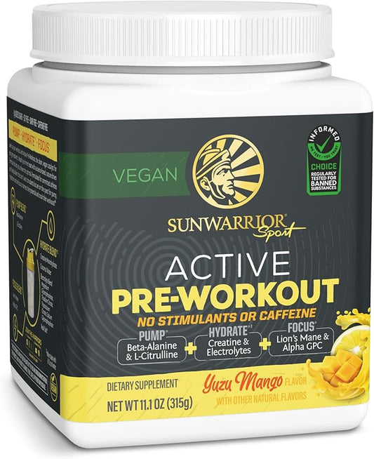 Sunwarrior Pre Workout Powder Energy Drink Non-Stim & Caffeine Free | Vegan Plant-Based Supplement | Pump Hydrate Focus Endurance & Strength Builder | Yuzu Mango Flavored 30 Serving Active Preworkout