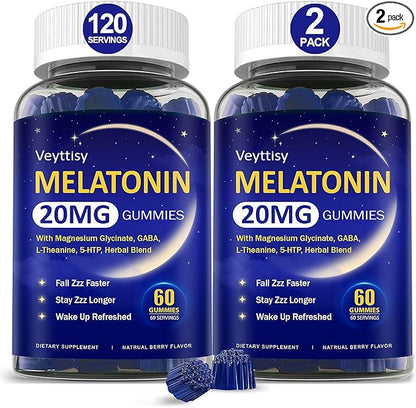 Melatonin 20mg Gummies for Adults - Max Strength Melatonin Gummy Supplement with Magnesium Glycinate, B6, B12, L-Theanine, GABA, 5-HTP & Herbs - Non-Habit Forming, Vegan, Natural Mixed Berry Flavor