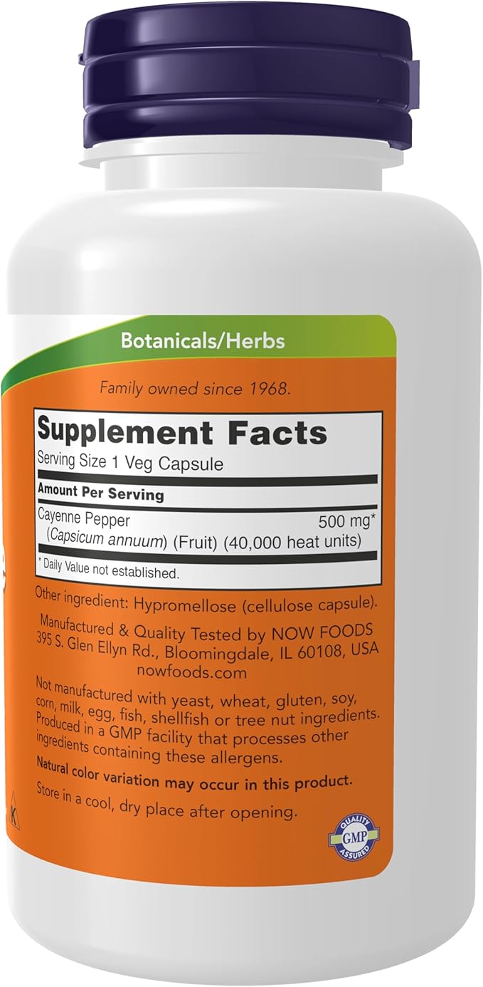 NOW Foods Supplements, Cayenne (Capsicum annuum) 500 mg, Herbal Support, 100 Veg Capsules