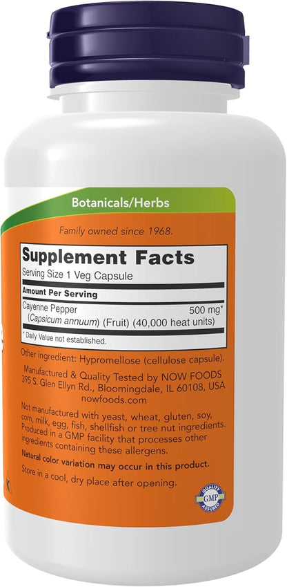 NOW Foods Supplements, Cayenne (Capsicum annuum) 500 mg, Herbal Support, 100 Veg Capsules