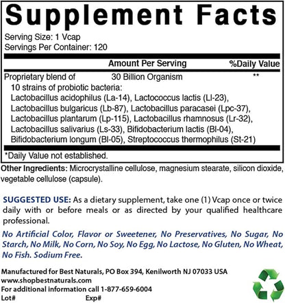 Best Naturals Probiotic 10 Strains 30 Billion Shelf Stable 120 Veggie Caps (120 Count (Pack of 2))