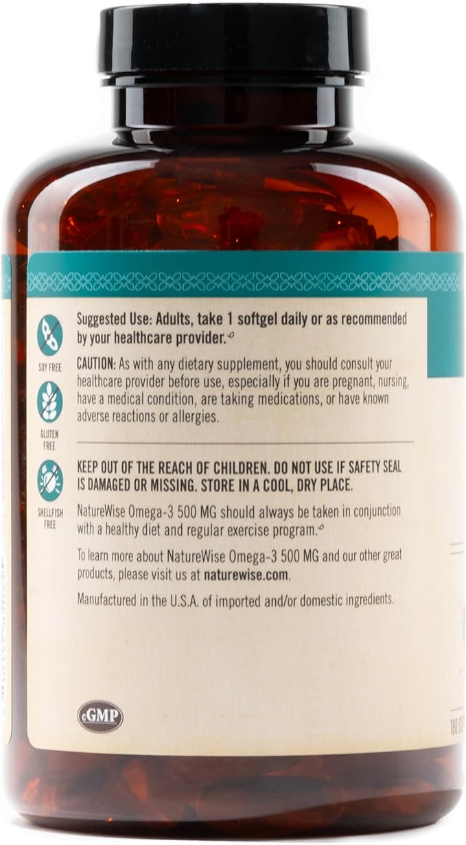 NatureWise Omega 3 Fish Oil - 500 mg per Pill - EPA & DHA - Support for Immune Health & Cognitive Function - Wild-Caught, Gluten and Soy Free, Non-GMO - 180 Softgels[6-Month Supply]
