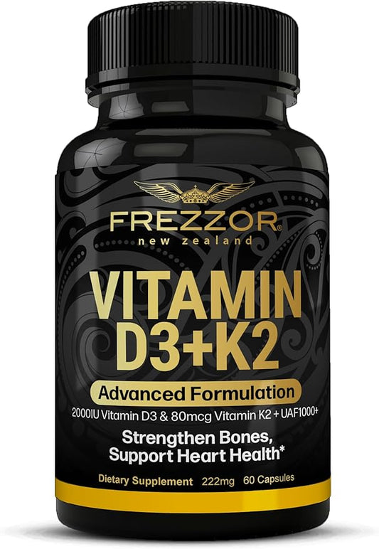 FREZZOR Vitamin D3 and K2 Caps, High Potency D3 2000IU and K2 (MK7) 80mcg, Unique VIT D3 from 100% New Zealand Sheep's Wool Lanolin. Cardiovascular Support & Bone Health, 60 Softgels 1 Month Supply