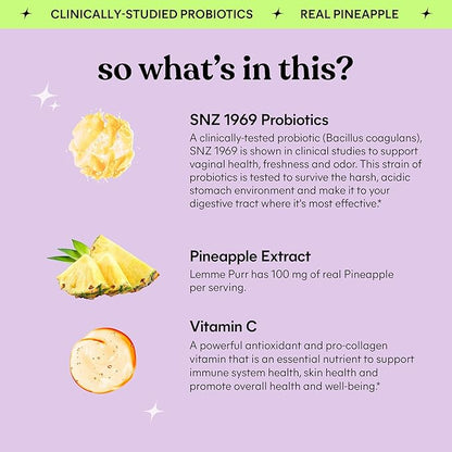 Lemme Purr Vaginal Probiotic Gummies for Women - Balanced pH, Healthy Odor, Yeast Balance & Flora Support + Vitamin C for Immune Health - Tasty Pineapple (60 Count)