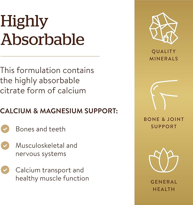 Solgar Calcium Magnesium Citrate, 250 Tablets - Supports Healthy Bones & Teeth - Musculoskeletal & Nervous System Support - Highly Absorbable - Non-GMO, Vegan, Gluten-Free, Dairy Free - 50 Servings