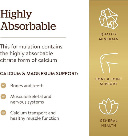 Solgar Calcium Magnesium Citrate, 250 Tablets - Supports Healthy Bones & Teeth - Musculoskeletal & Nervous System Support - Highly Absorbable - Non-GMO, Vegan, Gluten-Free, Dairy Free - 50 Servings