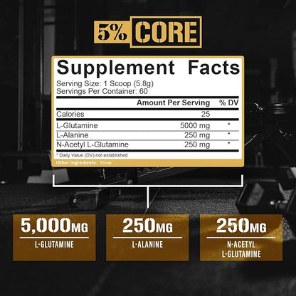 5% Nutrition Core L-Glutamine 5000 Supplement w/L-Alanine | Immune & Digestive Support | Amino Acid Muscle Builder Post Workout Recovery | Unflavored (60 Servings)