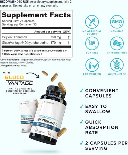 Vitauthority Berberine with Ceylon Cinnamon Supplements | High Absorption Dihydroberberine for Balance and Support | Vegan Powerful AMPk Activator & Antioxidant | 30 Servings