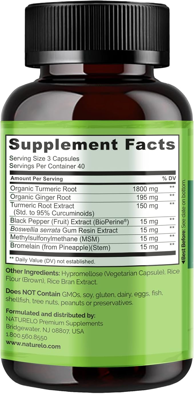 NATURELO Turmeric Curcumin - BioPerine for Better Absorption - Black Pepper, Ginger Root, Curcuminoids - Plant-Based Joint Discomfort Support - 120 Vegan Capsules