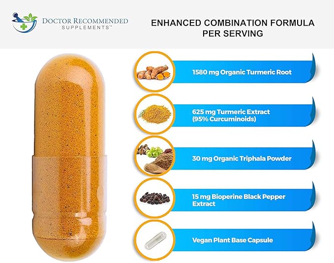 Turmeric Curcumin Supplement - 2250mg/d - Veggie Caps - 95% Curcuminoids with Black Pepper Extract (Bioperine) - 750mg Capsules - 100% Organic - Most Powerful Turmeric (180 Count)