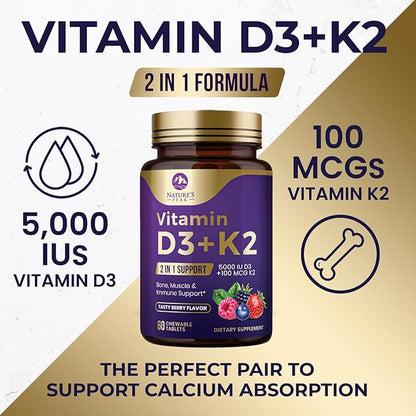 Vitamin D3 5000 iu Plus K2 (MK-7) 100 mcg - 2 in 1 Vitamins D & K Complex - Supports Calcium Absorption, Bone, Immune, & Heart Health – Made in the USA, Non-GMO, Easy to Swallow - 60 Chewable Tablets