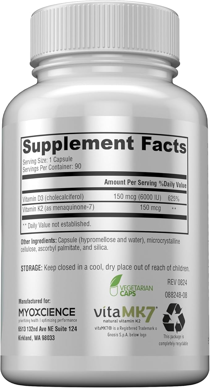 MYOXCIENCE Vitamin D3 + K2 Essential Micronutrients | Vitamin D3 5,000 IU | Vitamin K2 as MK-7 90 mcg (90 Vegetarian Capsules)