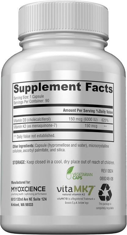 MYOXCIENCE Vitamin D3 + K2 Essential Micronutrients | Vitamin D3 5,000 IU | Vitamin K2 as MK-7 90 mcg (90 Vegetarian Capsules)