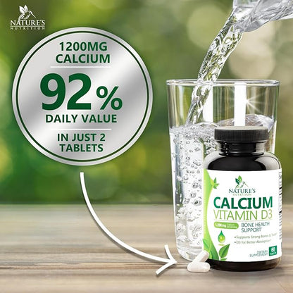 Calcium Supplement with Vitamin D - 1200 mg Calcium Carbonate with 1600 IU of D3 Vitamins - Supports Bone Strength, Teeth & Immune System - Natural & Easily Absorbable for Women & Men - 60 Tablets