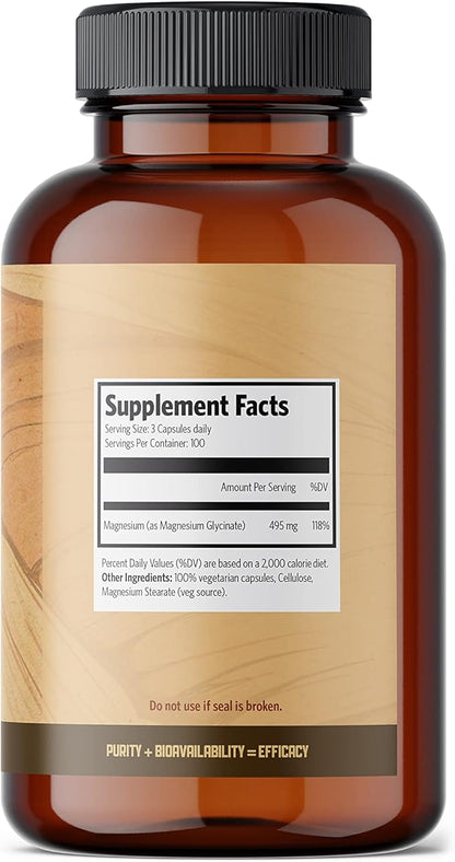 Magnesium Glycinate 165mg/caps (3 caps/Day for 500mg) - 300 caps - Magnesium Supplement from Canada - Magnesium Pills Supplement - Magnesio Glycinate Capsule Made in Canada