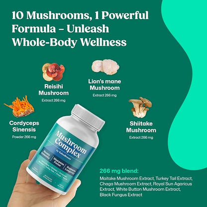 ColonBroom Mushroom Complex, Powerful Mushroom Blend with Cordyceps, Reishi, Shiitake, Lion’s Mane Extract for Energy, Immunity, Stress Relief & Cognitive Health - 2 x 60 Capsules, 60 Day Supply