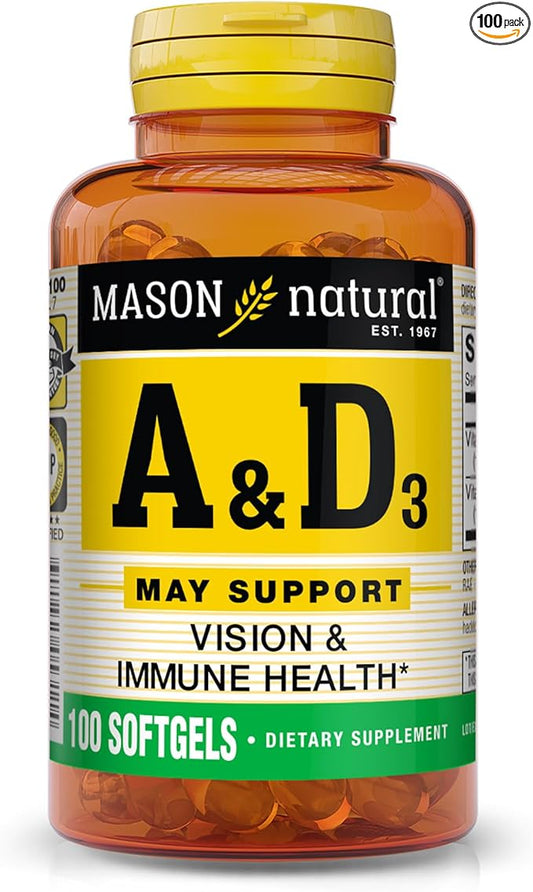 MASON NATURAL Vitamins A & D3 from Fish Liver Oil - Healthy Vision and Immune Health, Improved Muscle and Nerve Function, 100 Softgels